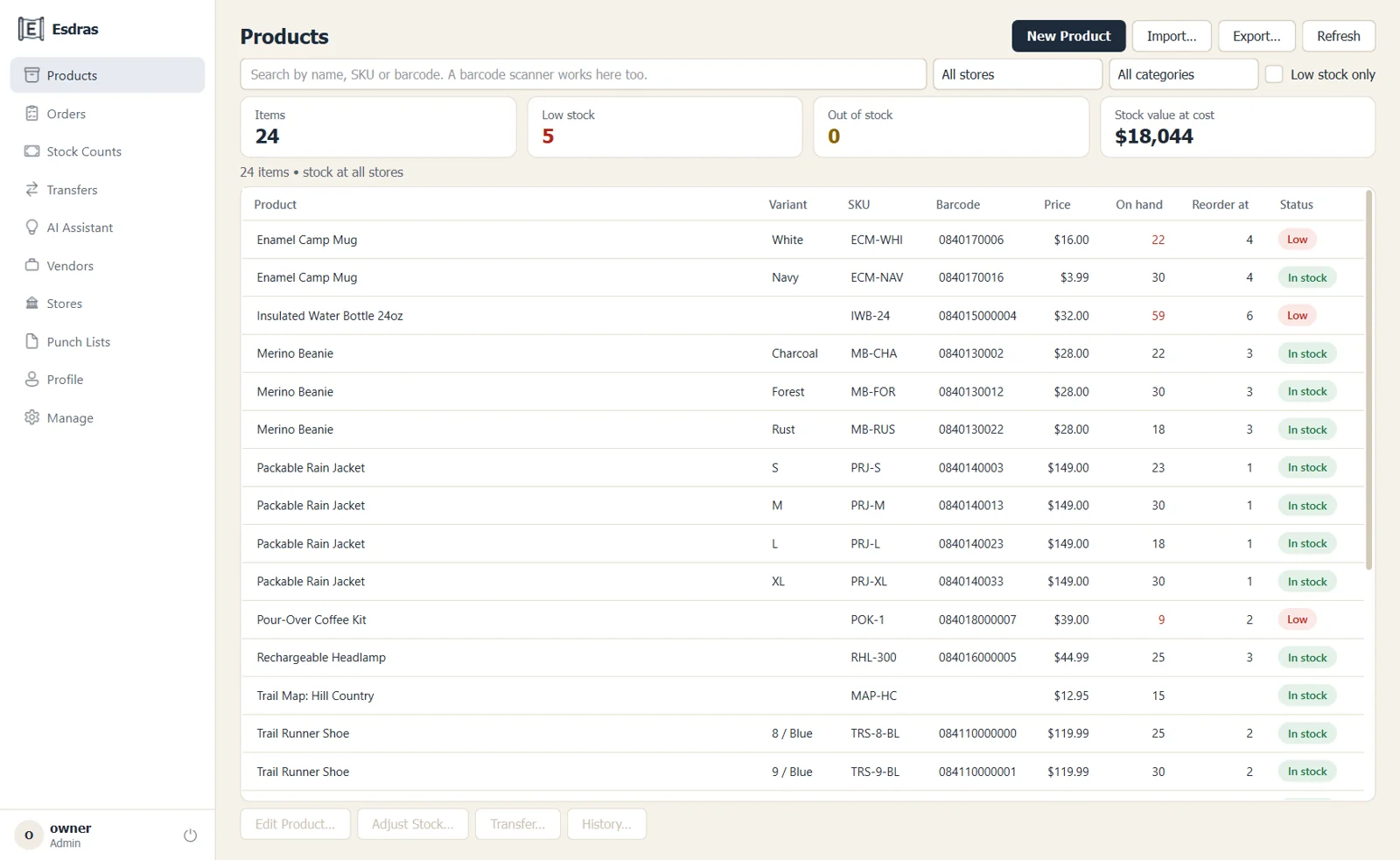 The Products screen: every item with its variant, SKU, barcode, price, stock on hand and a low-stock status