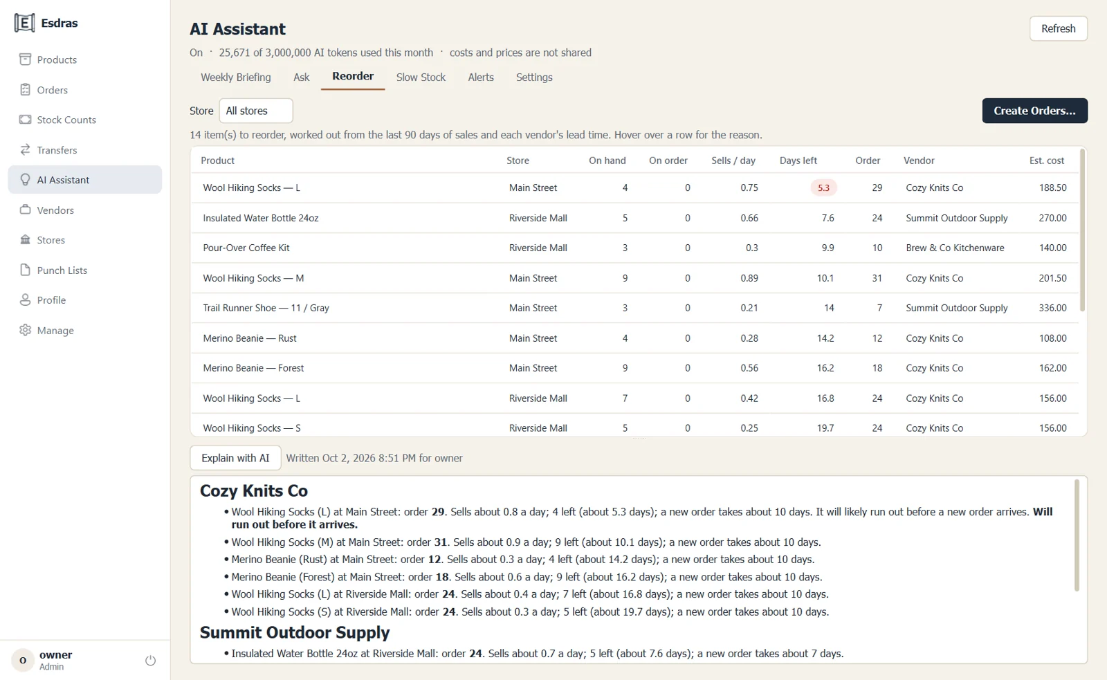 The AI assistant's reorder list, grouped by vendor with a written explanation
